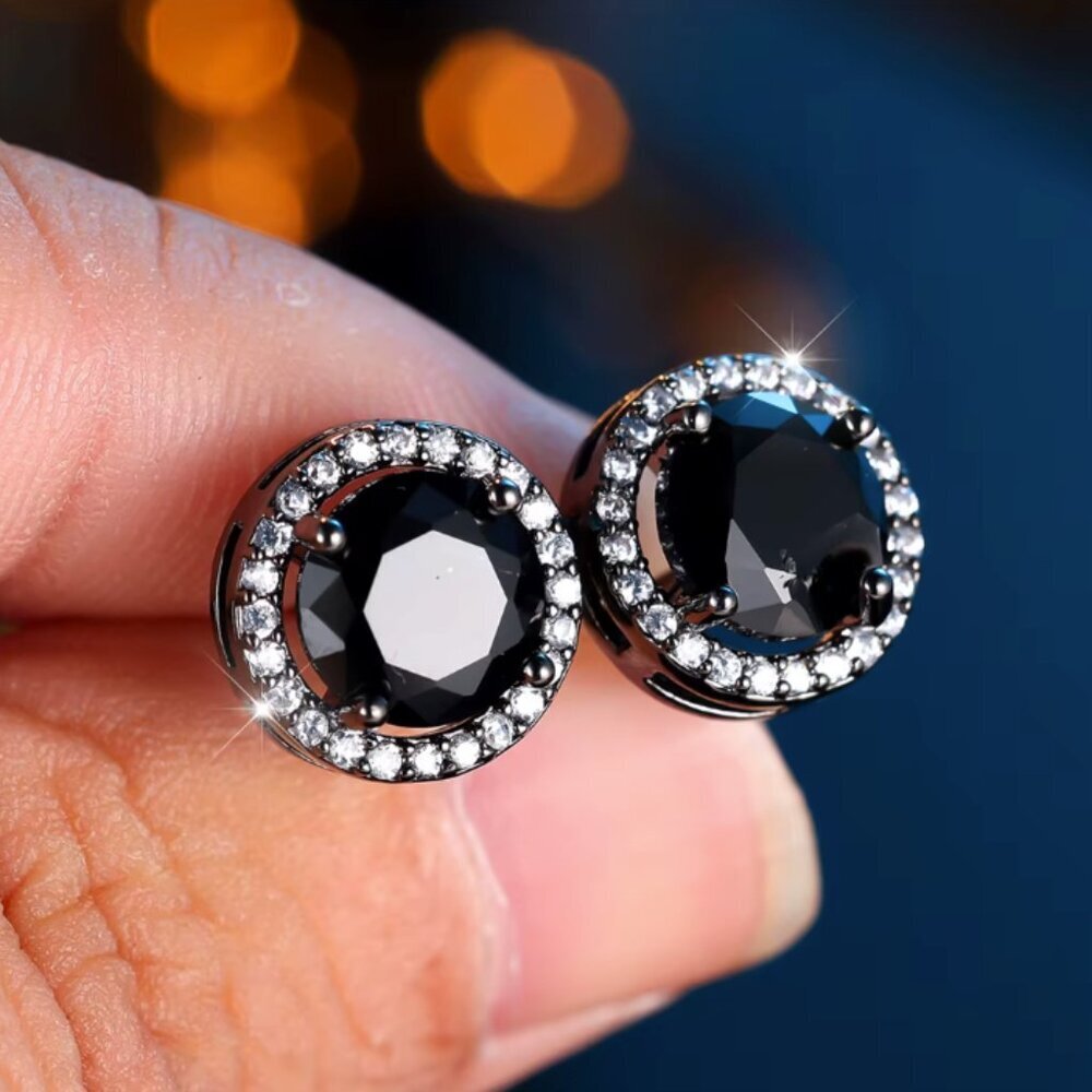 NEW 14k Black Gold Black Sapphire Diamond Stud Earrings Round Cut - Picture 3 of 6